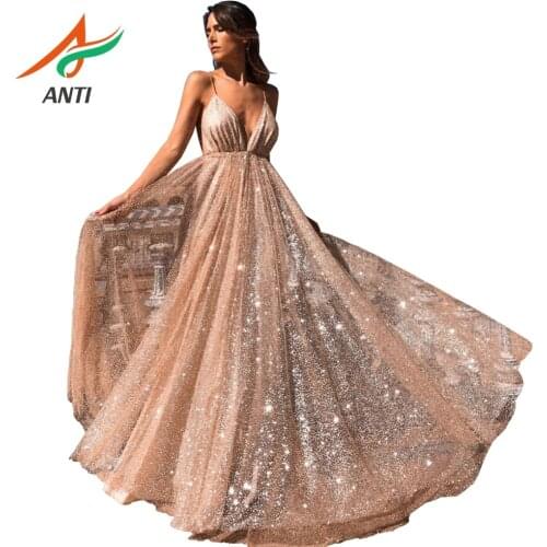 ANTI Fashion Tulle Evening Dresses 2019 Sexy V-Neck Backless Robe De Soiree A-Line Floor-Length Slit Slim Formal Party Dress