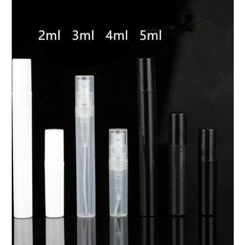 10pcs/Lot 2ml 3ml 4ml 5ml Small Plastic Spray Bottle White/Black/Clear Mist Sprayer Promotion Sample Test Perfume Atomizer