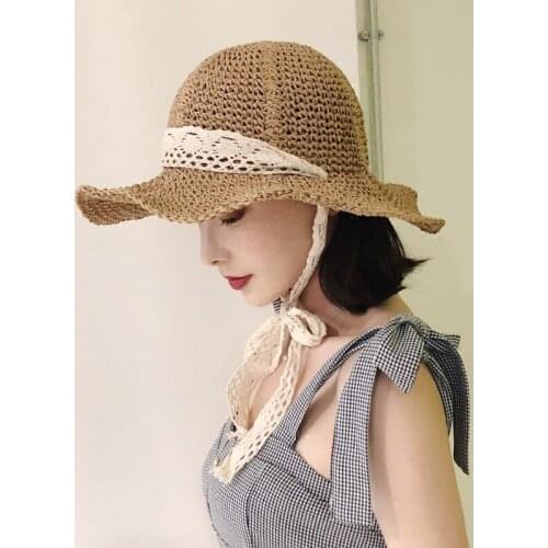 2021 New Womens Foldable Crochet Lace Tie Woven Straw Lace Tie Big Brim Hat Sun Hat Sun Hat Outdoor