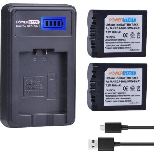 PowerTrus 2Pcs CGA-S006 CGR CGA S006E S006A S006 DMWBMA7 Battery +LCD USB Charger for Panasonic DMC FZ7 FZ8 FZ18 FZ28 FZ30 FZ35