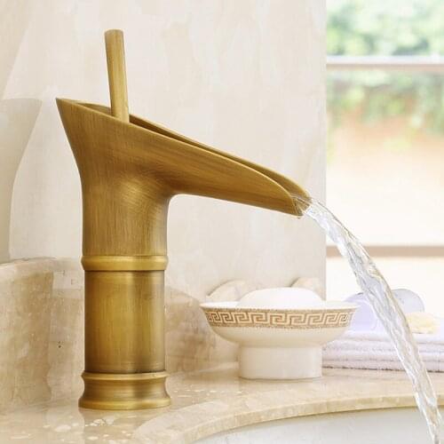 Free shipping Single hole hot cold antique basin sink faucet with bronze bathroom waterfall faucet and brass basin sink faucet