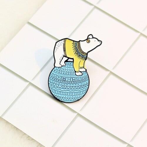 A polar bear playing acrobatics Enamel Brooch Blue ball Yellow sweater Listen to the headphones Cute animals Pin Bags Badge