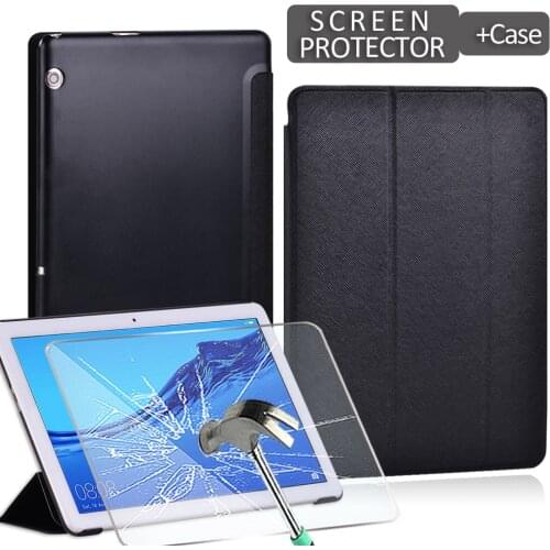 For Huawei MediaPad T3 10 9.6"/MediaPad T5 10 10.1" Tablet Cover Case PU Leather Tri-fold Stand Shell + Screen Protector