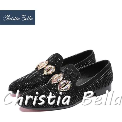Christia Bella Black Rhinestone Tassel Men Loafers Crystals Slippers Smoking Slip-on Shoes Party and Wedding Dress Mens Flats