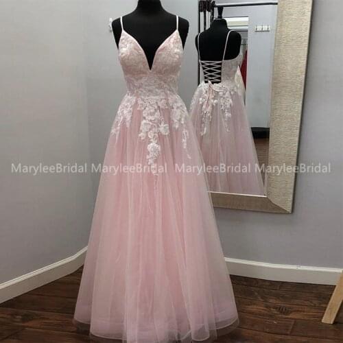 Baby Pink Prom Dresses With White Appliques 2020 New Spaghetti Straps vestidos de gala Girls Long Graduation Prom Party Gowns