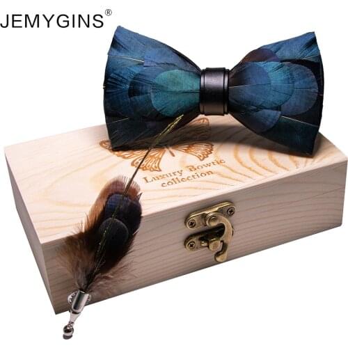 JEMYGINS original design mens bow tie dark blue natural feather bow tie handmade cravat gift box set wedding party gift