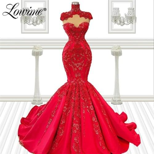 Two Pieces Beaded Red Middle East Evening Dresses 2021 Muslim Dubai Party Dress For Weddings Robes Arabic Mermaid Prom Dresses