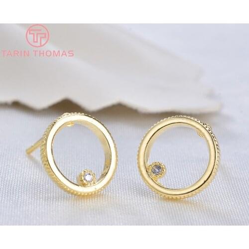 6PCS 9.5MM 24K Gold Color Brass with Zircon Round Circle Stud Earrings Pins High Quality Diy Jewelry Findings Accessories