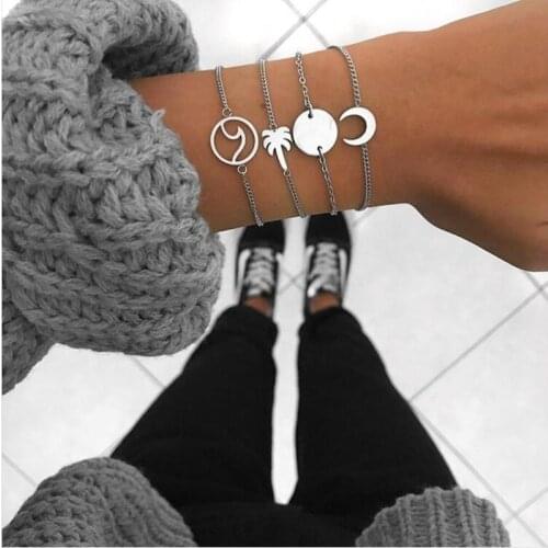 Mavis Hare Stainless Steel Palm Tree & Wave & Circle Coin & Moon Bracelet Silver Color Bracelet Set for Women Christmas gift