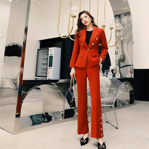Office Ladies Red Womens Pants Suits Women Double-breasted Blazer Jacket & High Waist Pants Female Workwear 2 Pieces Set