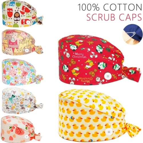 Wholesale 100% Cotton Scrub Cap Letter Cat Printing Nursing Uniform Accessories Pet Shop Lab Chef Working Scrubs Hats Women Men