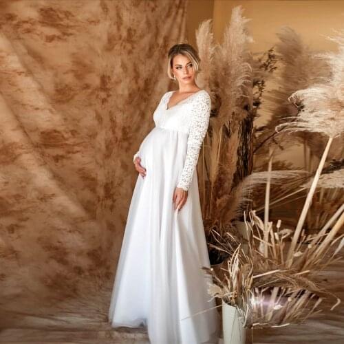 Baby Shower Dress for Women Pregnant Woman Maternity Gown Pregnant Women V-Neck Long Sleeve Lace European and American White