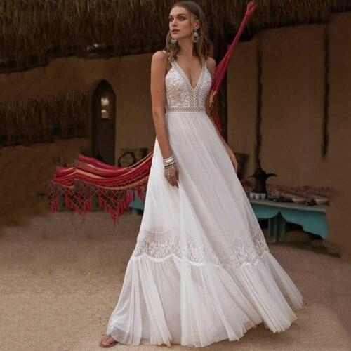 Beach Bobo Wedding Dresses Sexy V Neck Chiffon Lace Appliques Bridal Dress Backless A-Line Wedding Gown Vestido De Noiva Custom