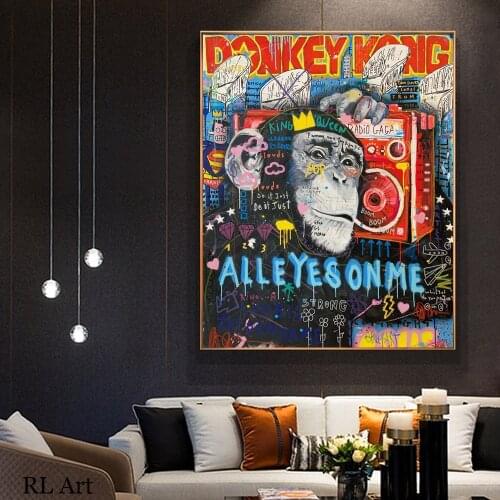 Pop Art Street Graffiti Posters and Prints Wall Canvas Animal Portrait Painting Monkey Listening to Music Picture for Room Decor