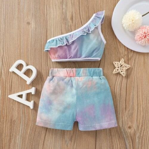 Infant Baby Girl Casual Home Wear Tie-dye Ruffles One-shoulder Vest Tank Tops and Short Pants 2pcs Toddler Kids Suit