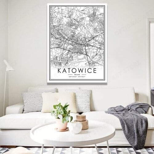 Simple Black And White City Line Map Poster KATOWICE Canvas Painting Art Print Picture For Home Decor
