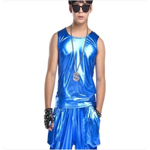 R17 Blue color Patent leather male bodysuit stage wears vest performance club show dress clothe bar outfits costumes dance show