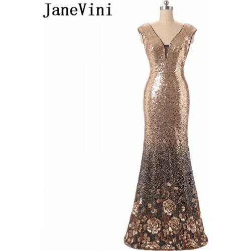 JaneVini Luxury Gold Sequins Mother of the Bride Dresses Robe Cap Sleeve Rose Pattern Sexy V-Neck Backless Mermaid Evening Dress