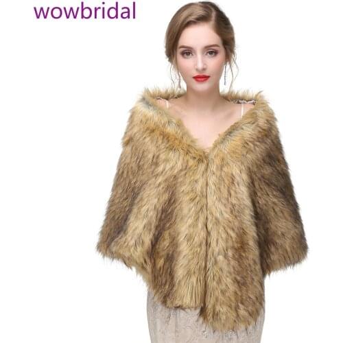 WOWBRIDAL Warm Faux Fur Winter Bridal Cape Wedding Cloaks Party Wraps Jacket Wrap Boleros De Encaje Mujer