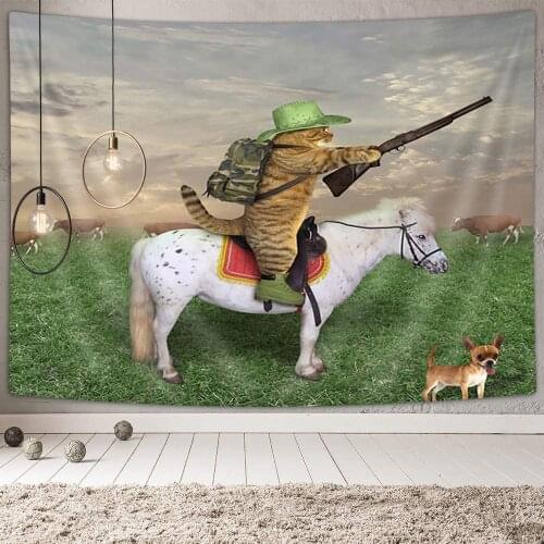 Funny Animals Tapestry Cat Cowboy with Rifle Rides A Horse on Green Grass Ranch with Cow Dog Wall Tapestry