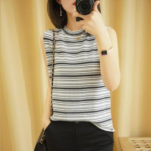 T-shirt women 2021 summer new pure cotton knit sweater sleeveless casual striped round high neck ladies blouse tees top hot