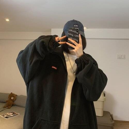 Womens Hoodies Coat Solid Color Long Sleeves Zipper Oversize Unisex Loose Tops Wholesale 2021 Winter New Fashion Casual Clothes