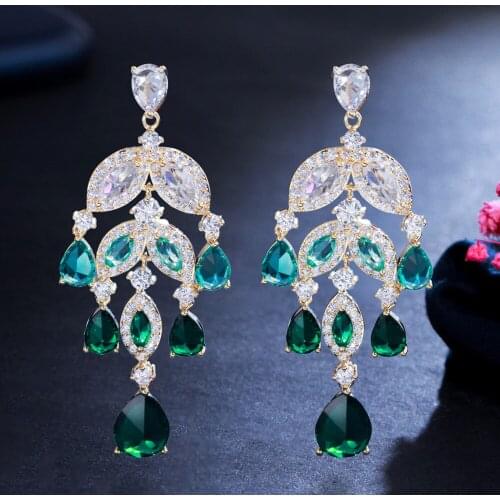 ThreeGraces Luxury Green Cubic Zirconia Leaf Shape Long Tassel Drop Dangle Earrings for Women New Trendy Wedding Jewelry ER687
