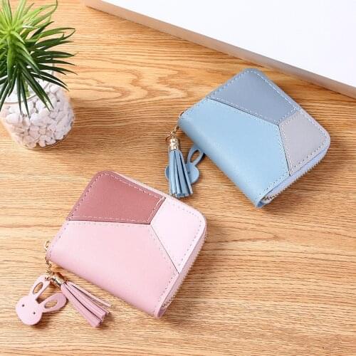 Womans Wallet Short Patchwork Casual Color Contrast Coin Purses Female Zipper Tassel Card Holder Fashion Pu Leather Clutch Bag
