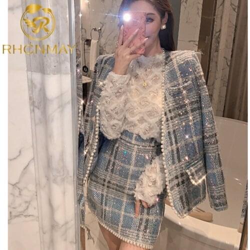 New Blue French Small Fragrance Coat Womens Autumn 2021 New Temperament Celebrity Net Tweed Suit Skirt Two Piece Set