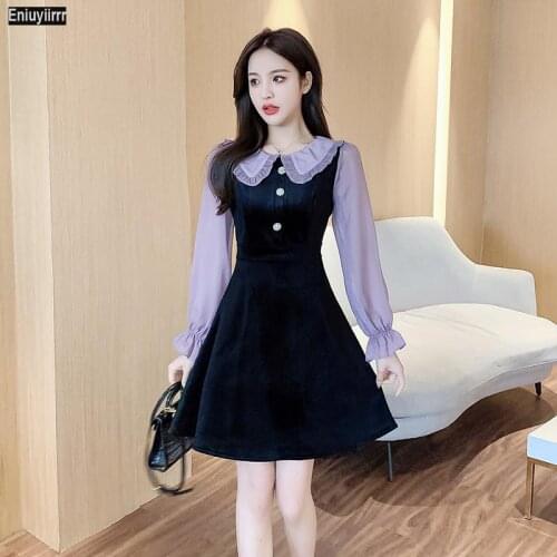 Women Winter Spring Basic Wear Elegant Party Patchwork Cute Sweet Peter Pan Collar Mini Shirt Dress
