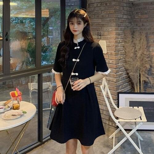 Retro Bow Dress Womens 2020 Summer New Slimming Temperament Chinese Style Small Black Dress Stand Collar Skirt Fashion