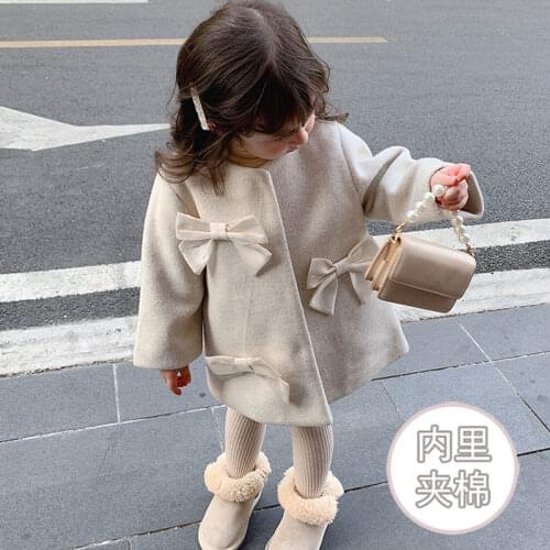 2021 Baby Girls Winter Woolen Long Coats Fashion Bow Cotton Padded Thick Warm Coat Jacket Kids Elegant Overcoat Children Clothes