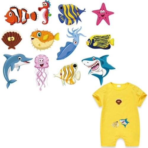 12Pcs/Set Sea Animals Patches For Backpack Fish Shark Thermal Press Hoodies Tops Diy A-Level Washable Vinyl Iron On Patch