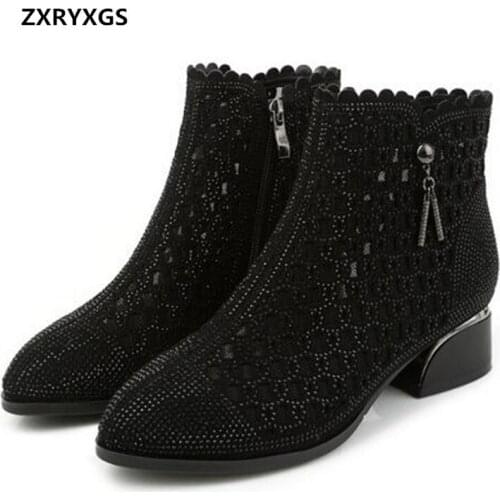 2021 New Pointed Toe Frosted Cowhide Mesh Rhinestone Martin Boots Cool Shoes Woman Boots Mid-heel Breathable Sandals Large Size