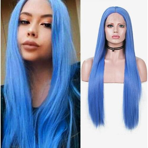 AIMEYA Blue Silky Straight Wig Middle Part Glueless High Temperature Synthetic Lace Front Wigs For Black Women Cosplay Wigs