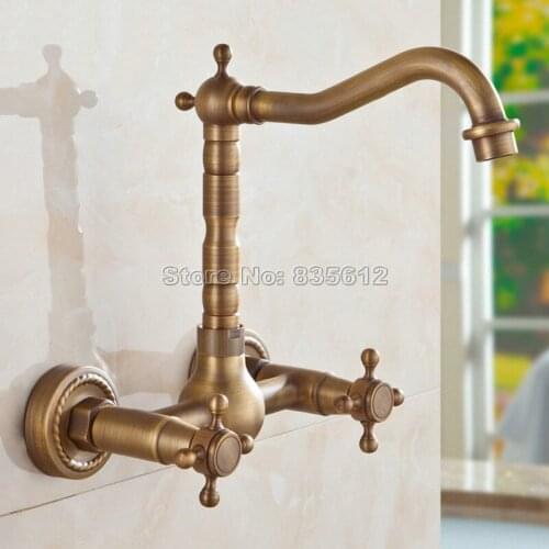 Antique Brass Wall Mounted 360 Swivel Spout Bathroom Faucet Washbasin Mixer Vessel Sink Taps Cold and Hot Water Faucet Wan024a