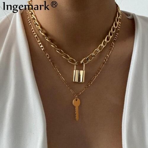 Hip Hop Rock Layered Lock Pendant Choker Necklace Women Men Punk Metal Padlock Key Chain Goth Steampunk Best Couple Jewelry Gift