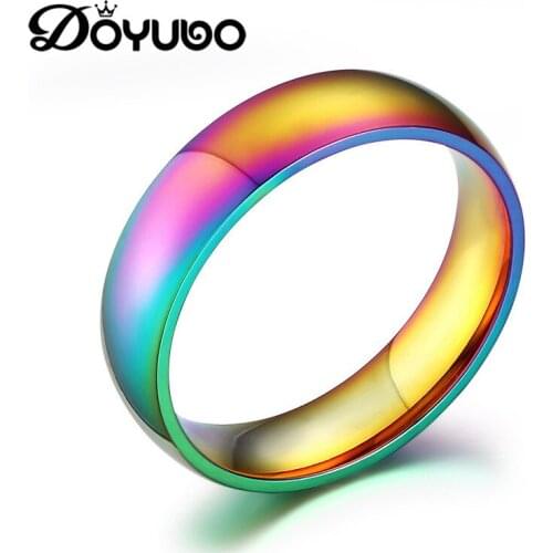 DOYUBO Simple Style Stainless Steel Homosexual Rings With Colorful Rainbow Pattern High Polished Rainbow Rings Gay Jewelry DA045