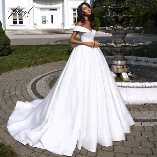 Fmogl Sexy Boat Neck Matte Satin Princess Wedding Dresses 2021 Luxury Off The Shoulder Court Train Vintage A Line Bridal Gowns