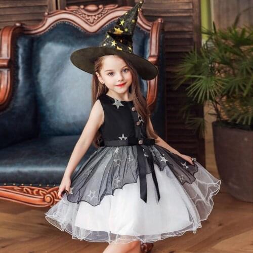 Halloween Party Baby Girls Clothes Set Infant Lace Princess Dress + Magician Pointed Hat 1-5 Years kids Pageant Dance Costume