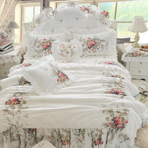 Korean Floral Print Ruffles Lace Princess Bedding Set Quilt/Duvet Cover Bed Skirt Bedspreas Pillowcases Cotton Home Textile