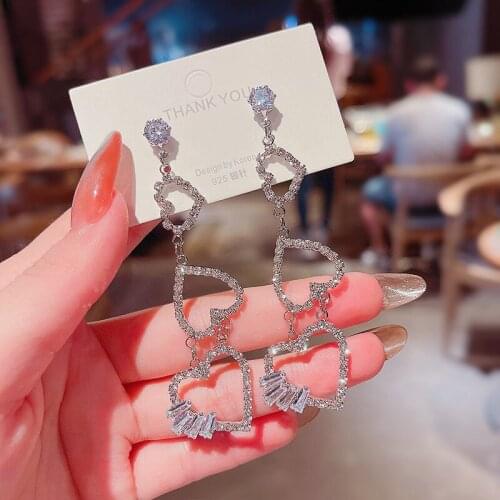 Korean Luxury Rhinestone Hollow Heart Long Drop Earrings Mujer Moda Bijoux r Brincos Pendientes Jewelry