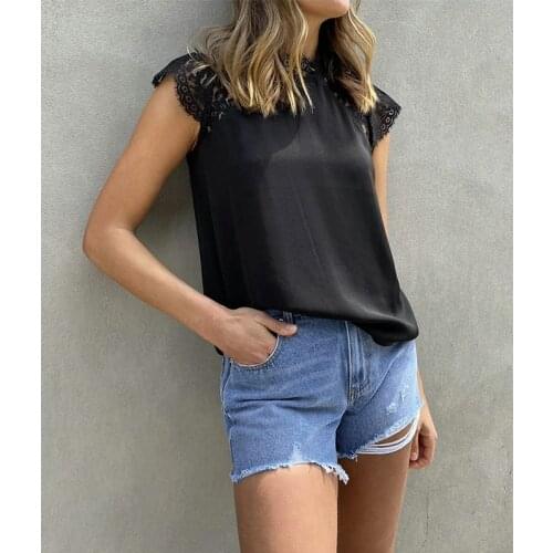 Summer Fashion Shirt Ladies Streetwear Casual Loose Lace Splice T Shirt Women Solid Tops Base High-neck Black Tees Girls T-shirt