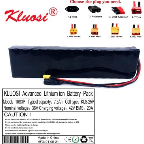 KLUOSI 10S3P 36V 7.5Ah 8Ah 36V Battery 42V Lithium Battery Pack with 20A BMS for Xiaomi Mijia M365 Pro Ebike Bicycle Scooter