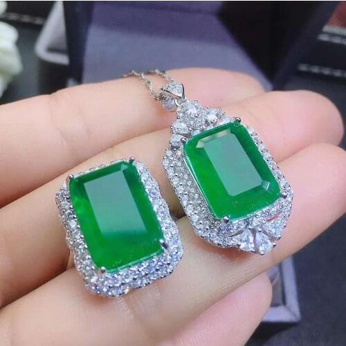 Real Natural Emerald jewelry set Natural Real Emerald 925 sterling silver 1pc pendant,1pc ring