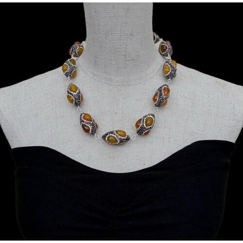 YYGEM yellow agate trimmed with black rhinestone Pave handmade wrap Necklace 20" for women