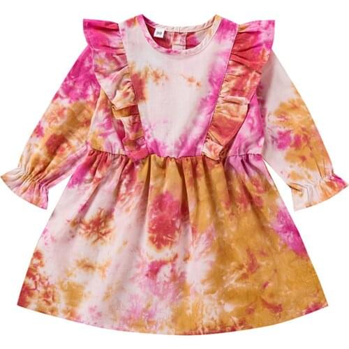 3-9Years Girl’s Casual Long Sleeve Dress Fashion Tie-dye Printing Back Button Ruffles A-line Dress