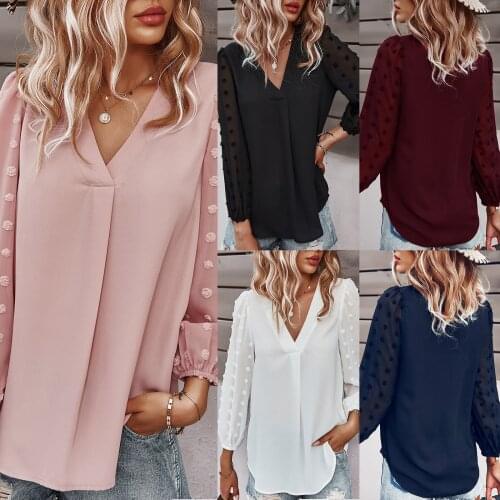 S-XL Office lady Womens Beware of Bubble Sleeves Solid Color Slim V-collar Long-sleeved Blouse koszulka damska temperament F4
