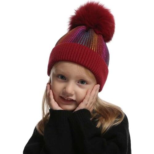 Baby Girl boy Winter Fox Fur Pompom Hat For Kids Cashmere Wool Knitted Beanie Colors Print Skullies Cap