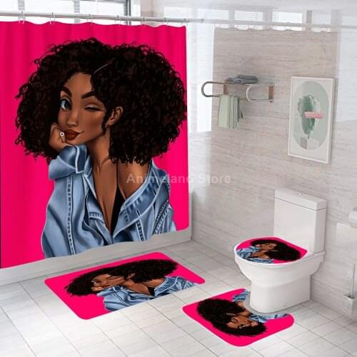 Sexy African Beauty Shower Curtains Bathroom Curtain Bath Sets Toilet Cover Mat Non-Slip Washroom Rug Set Gift Lovely Girls